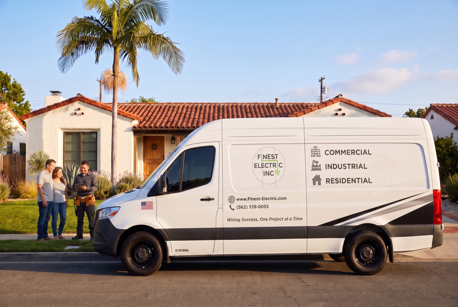 A Finest Electric van parked outside a Spanish-style home, with an electrician talking to the homeowners on the front lawn